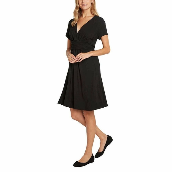 Ann Taylor Black V-Neck Stretch Dress Ruched Waist Short Sleeve Size 14 Dressy - Picture 1 of 7